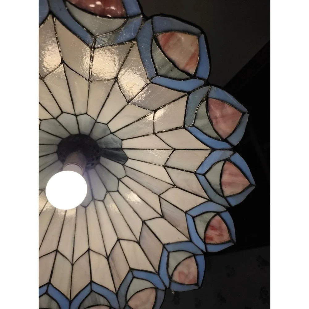 Tiffany Style Stained Glass Pendant Light Peacock Feather Slag Glass Lamp Cream